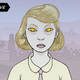 An illustration of a young blonde girl with eerie, staring, mind-controlling yellow eyes.